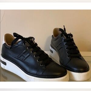ISO Hermes Black Leather Platform Sneakers with White Soles